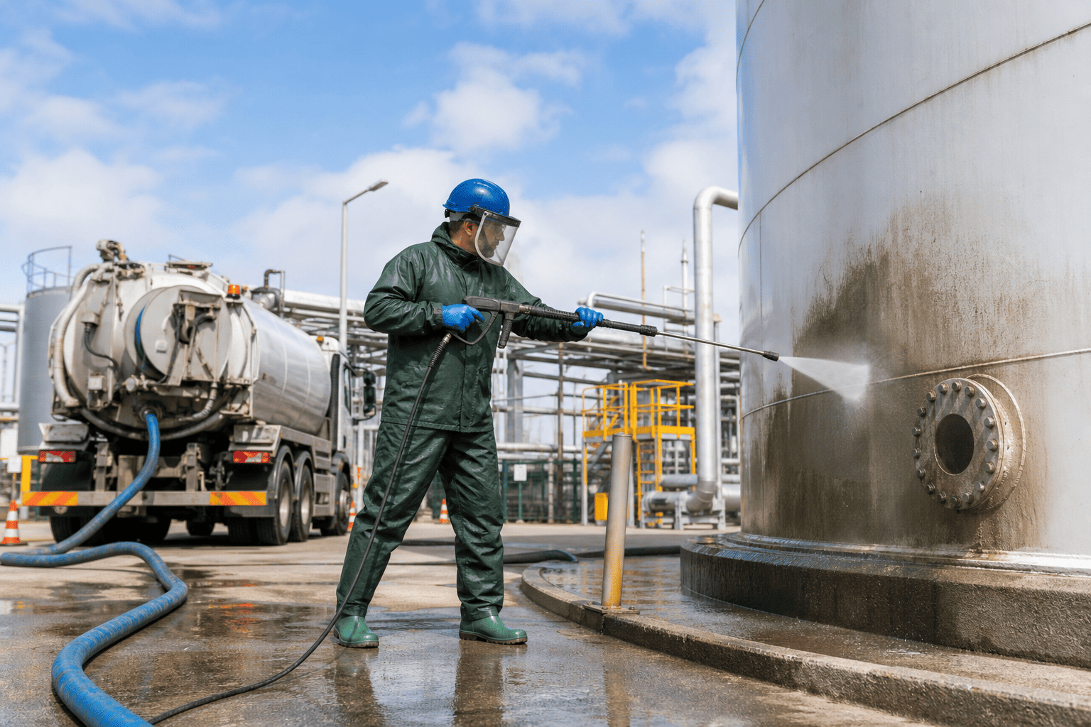 Worker carrying out industrial high-pressure cleaning at an industrial facility