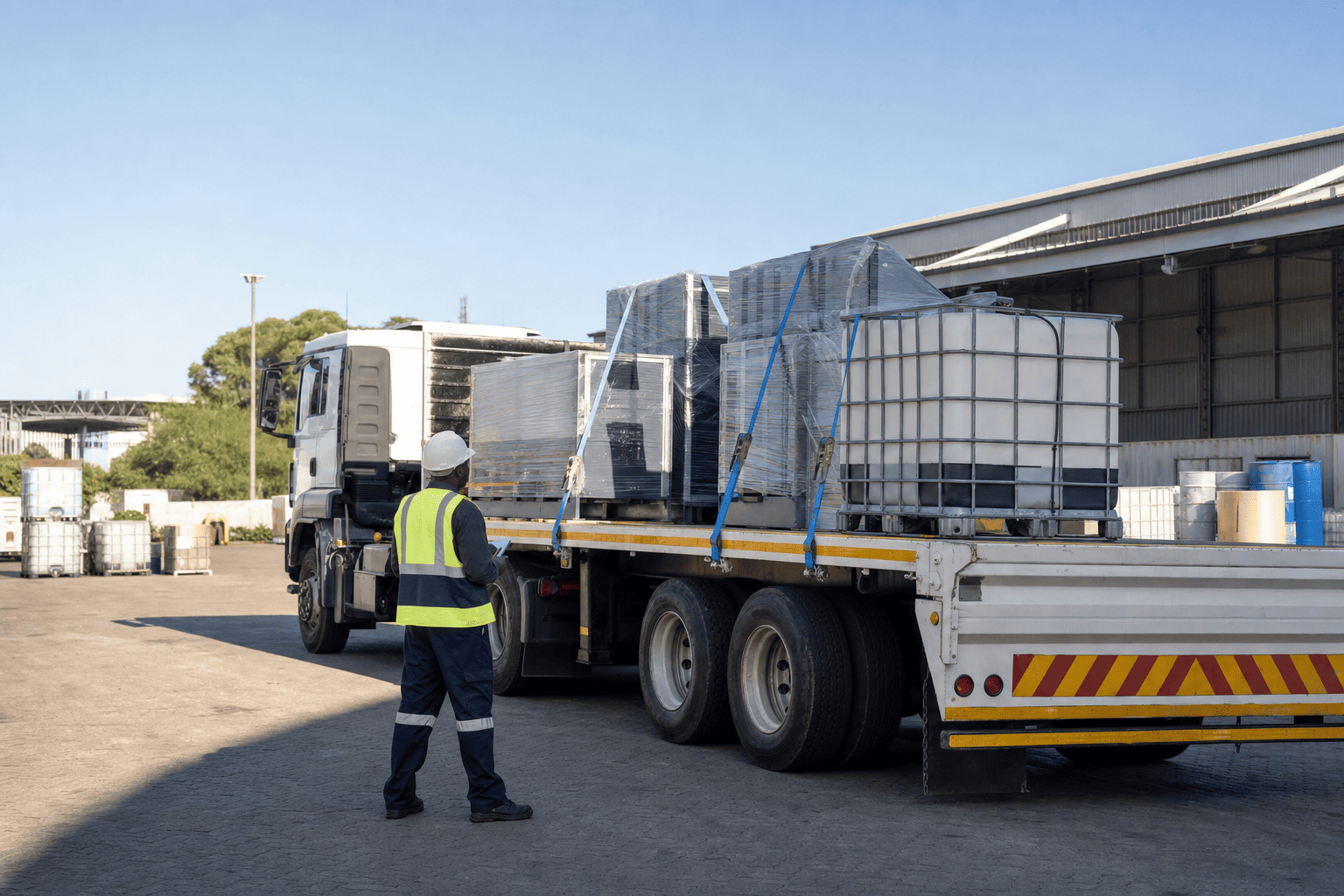 Industrial freight loaded onto a flatbed truck for transport